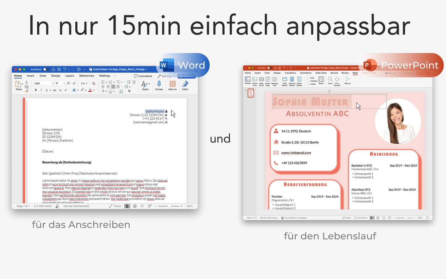 Bewerbungsvorlage POPPY Orange Lebenslauf CV für Word und PowerPoint für Einsteiger
