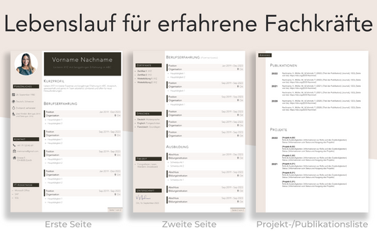 Bewerbungsvorlage “CHIC Plus” elegante Lebenslauf Vorlage auf 2 Seiten und Projektliste für Führungskraft und Fachkraft