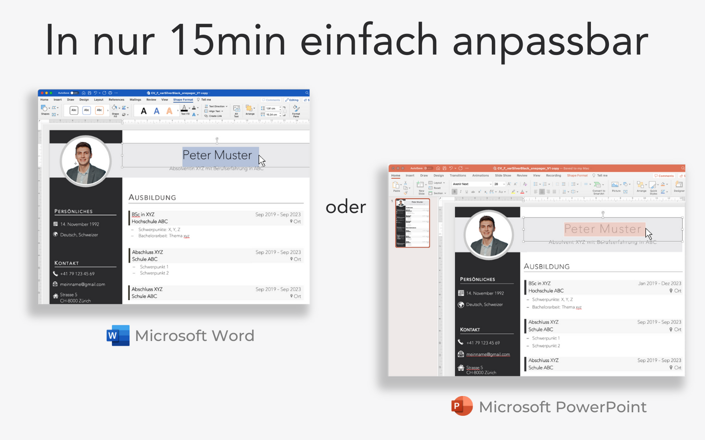 Bewerbungsvorlage ELEGANT Lebenslauf CV für Word und PowerPoint für Einsteiger