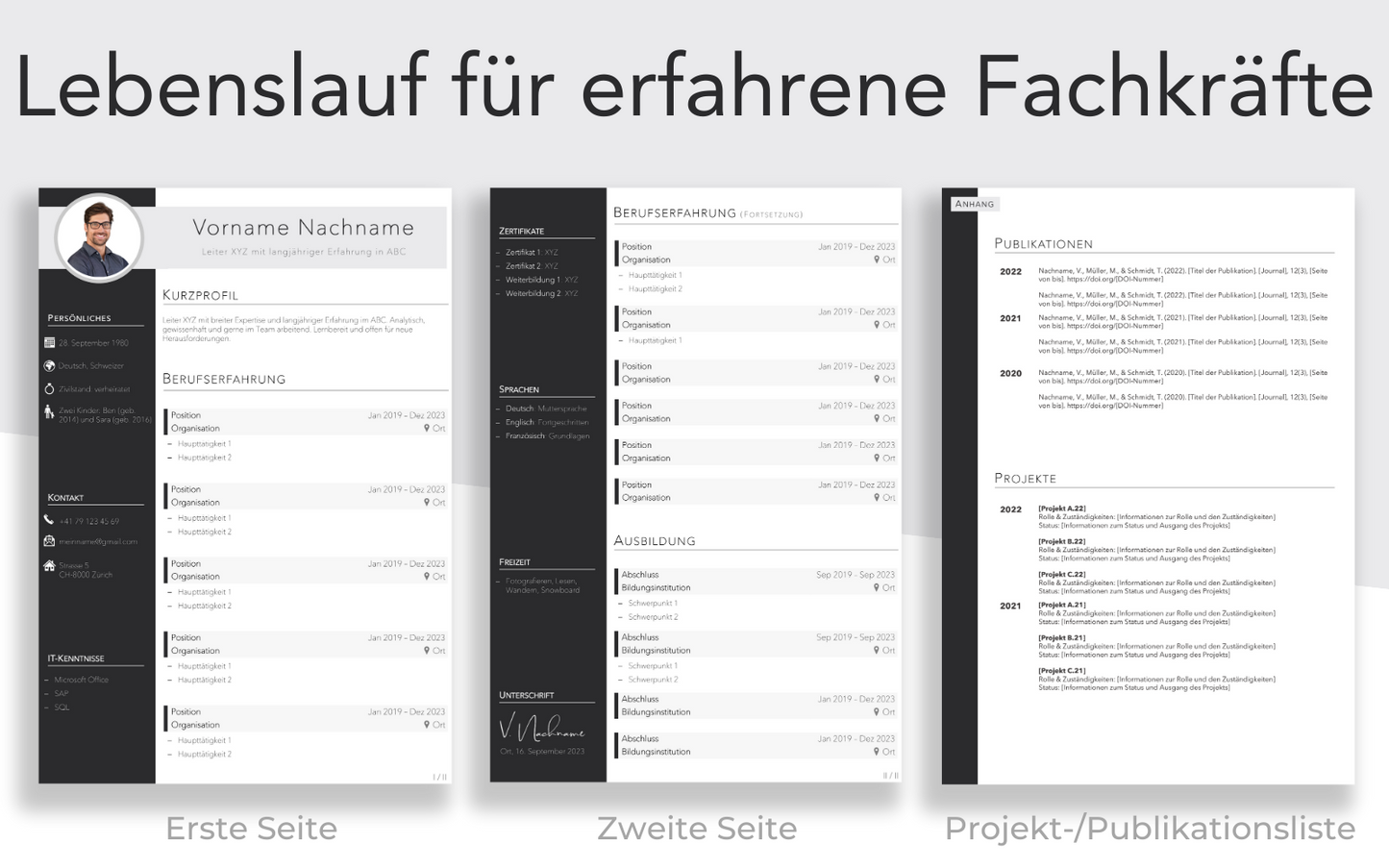 Bewerbungsvorlage “ELEGANT Plus” elegante Lebenslauf Vorlage auf 2 Seiten und Projektliste für Führungskraft und Fachkraft