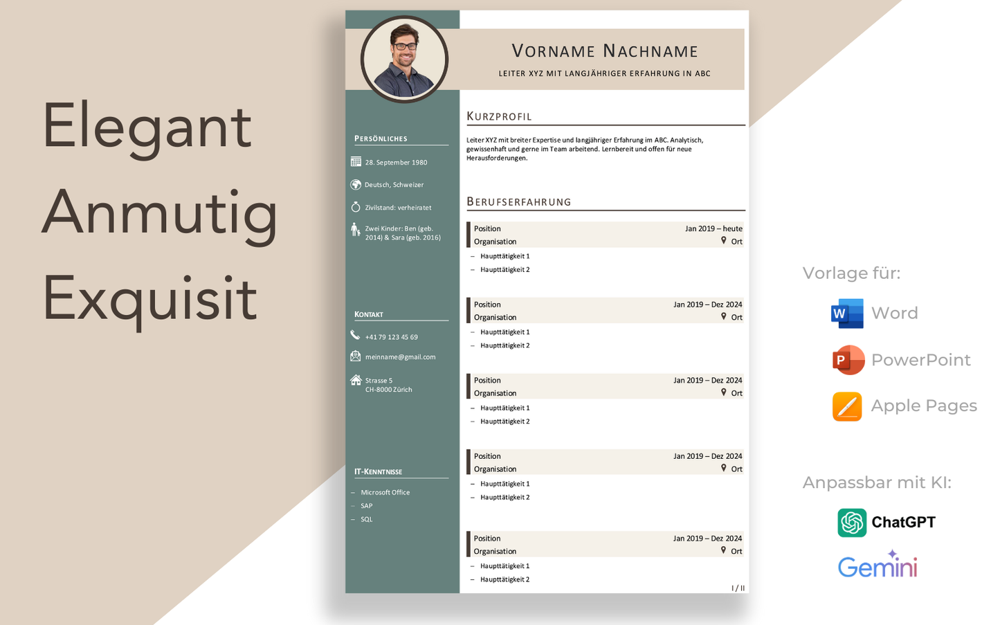 Bewerbungsvorlage “ELEGANT Plus” mit smaragdgrüner eleganter Lebenslauf Vorlage für Führungskraft und Fachkraft
