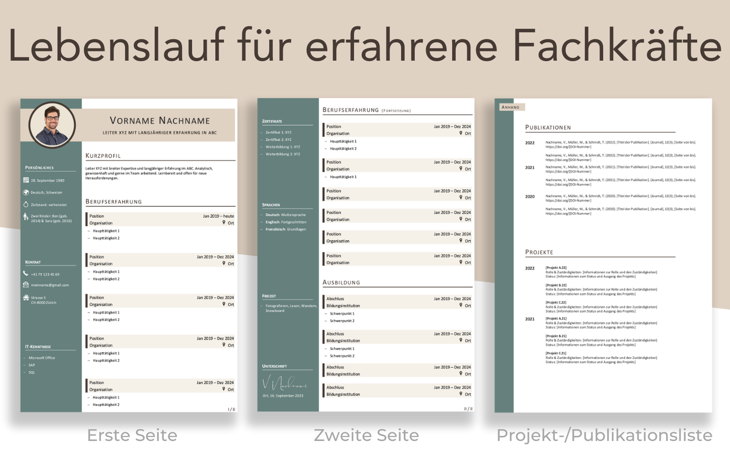 Bewerbungsvorlage “ELEGANT Plus” smaragdgründe elegante Lebenslauf Vorlage auf 2 Seiten und Projektliste für Führungskraft und Fachkraft