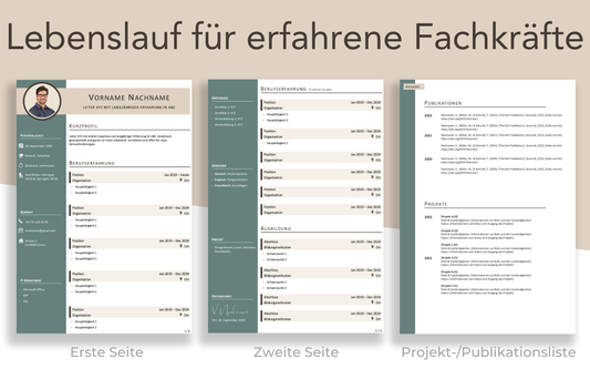 Bewerbungsvorlage “ELEGANT Plus” smaragdgründe elegante Lebenslauf Vorlage auf 2 Seiten und Projektliste für Führungskraft und Fachkraft