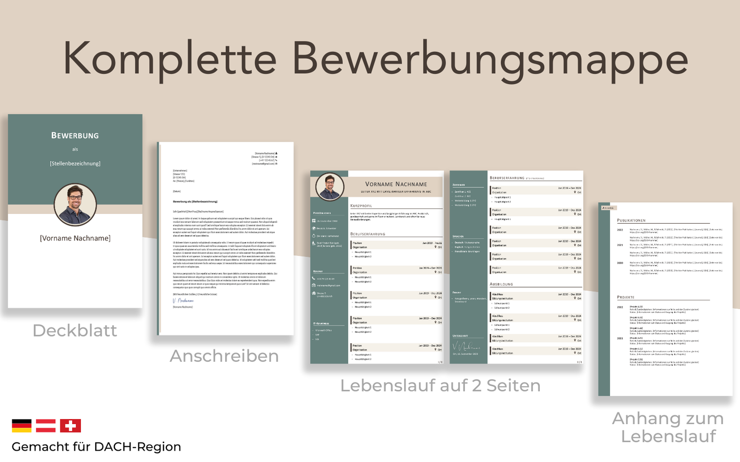 Bewerbungsvorlage “ELEGANT Plus” in smaragdgrün komplettes Dossier Lebenslauf Vorlage Anschreiben Deckblatt Projektliste