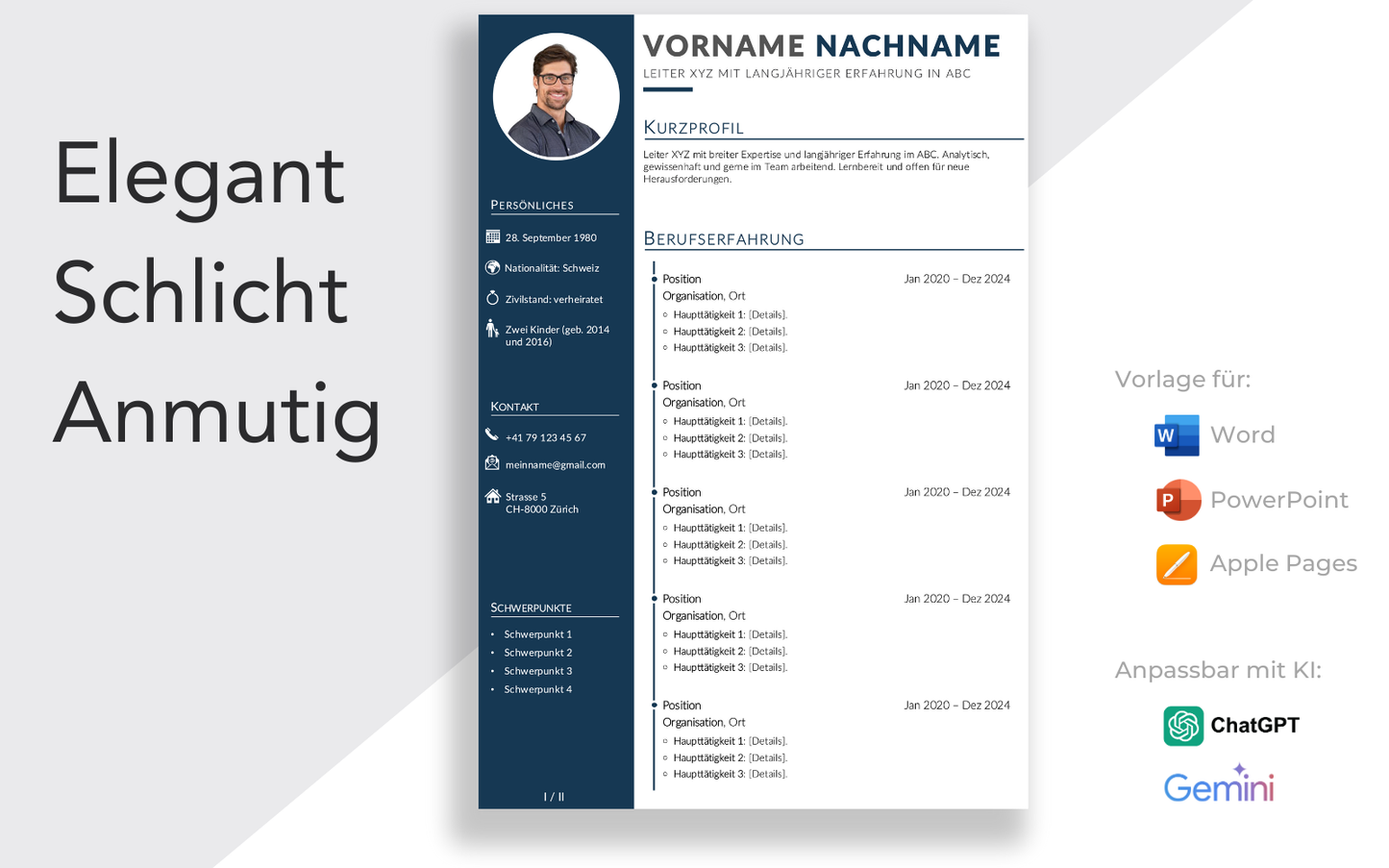 Bewerbungsvorlage “FEIN Plus” Nachtblau mit elegentem Lebenslauf Vorlage für Führungskraft und Fachkraft