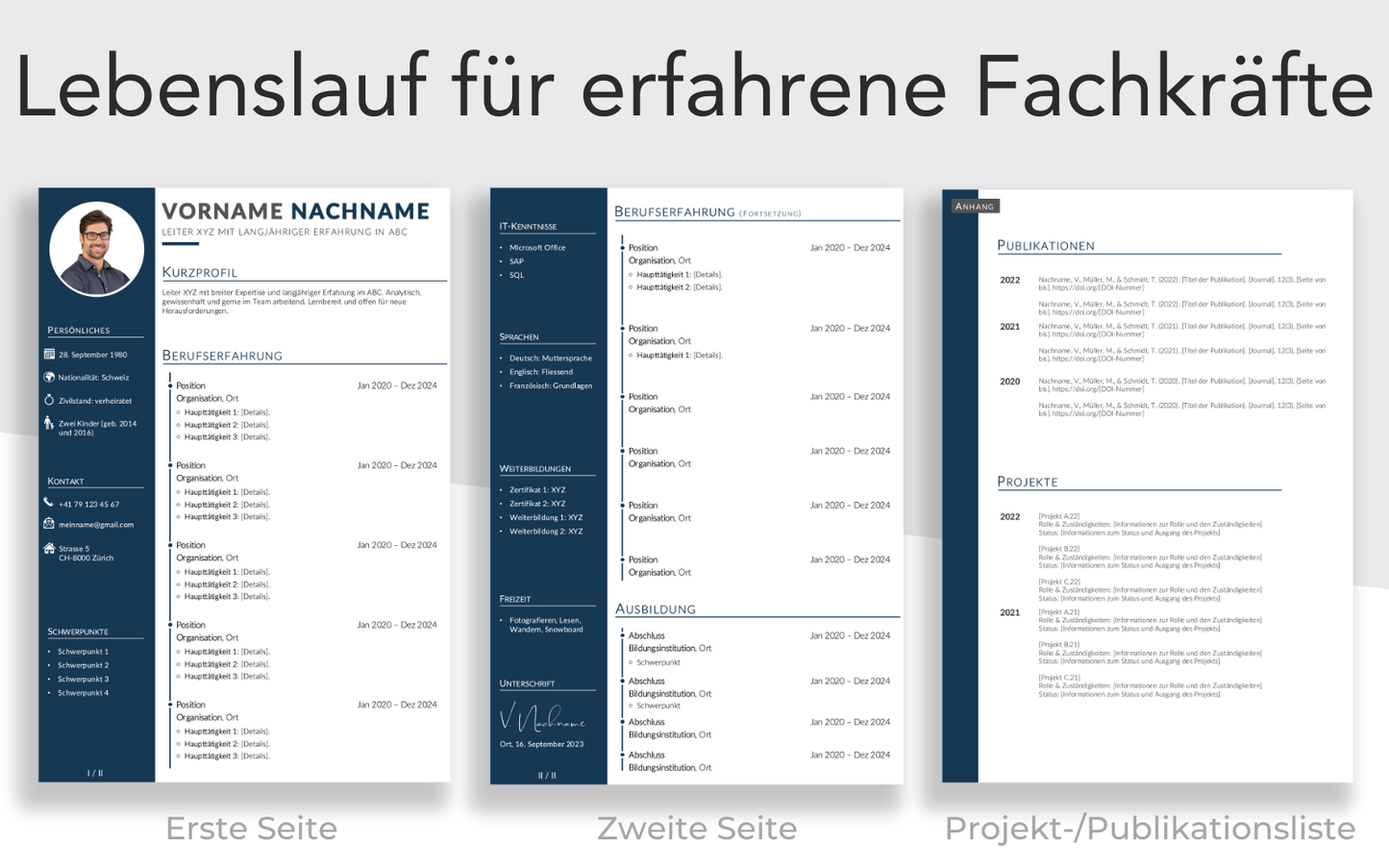 Bewerbungsvorlage “FEIN Plus” Nachtblau elegante Lebenslauf Vorlage auf 2 Seiten und Projektliste für Führungskraft und Fachkraft