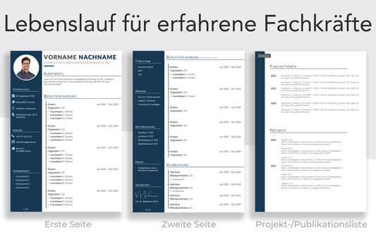 Bewerbungsvorlage “FEIN Plus” Nachtblau elegante Lebenslauf Vorlage auf 2 Seiten und Projektliste für Führungskraft und Fachkraft