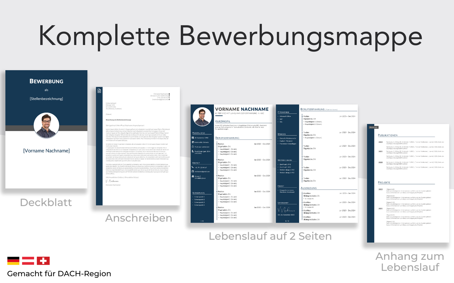 Bewerbungsvorlage “FEIN Plus” in Nachtblau komplettes Dossier Lebenslauf Vorlage Anschreiben Deckblatt Projektliste