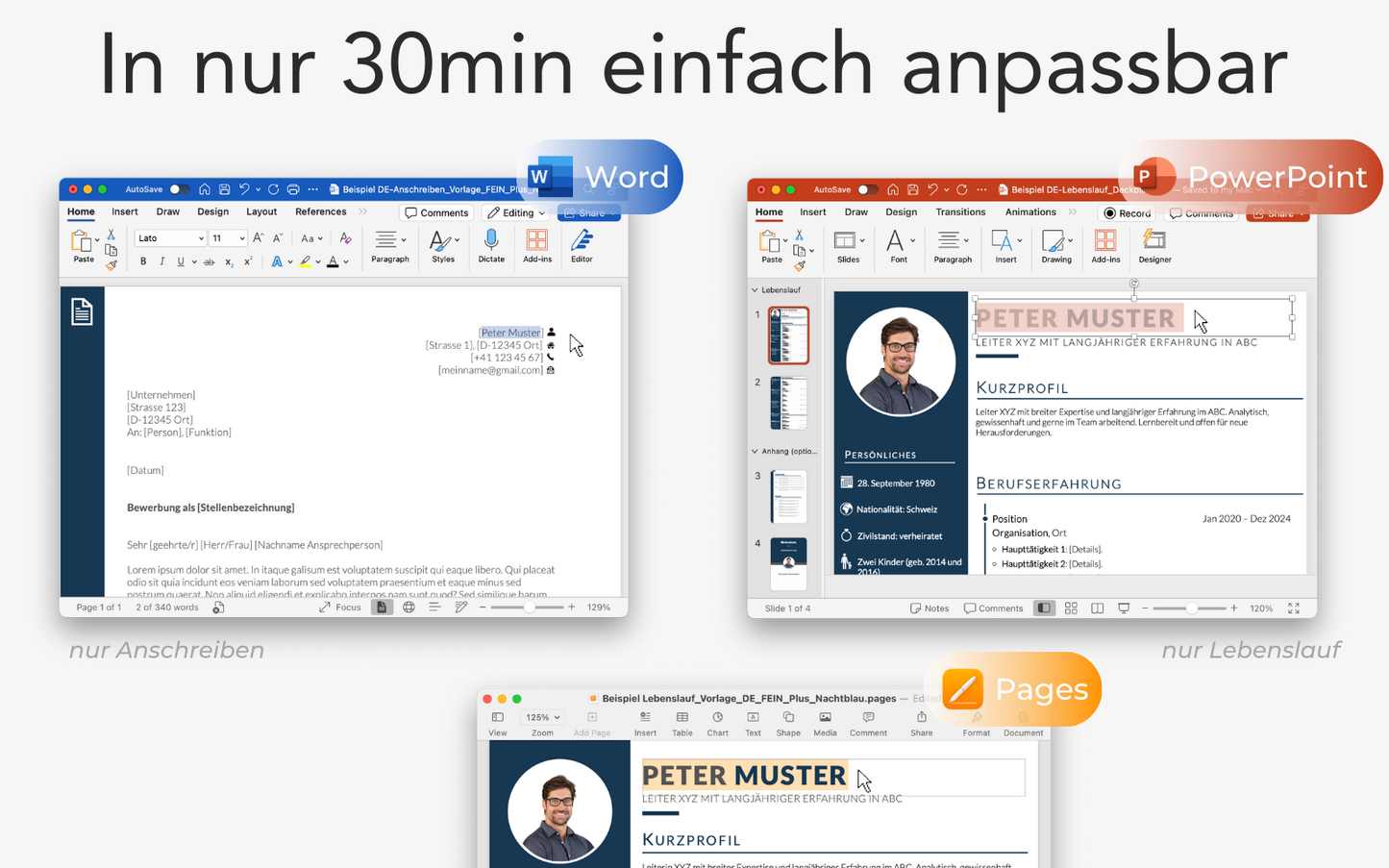 Bewerbungsvorlage “FEIN Plus” Nachtblau Lebenslauf CV für Word, PowerPoint und Pages für Führungskraft und Fachkraft