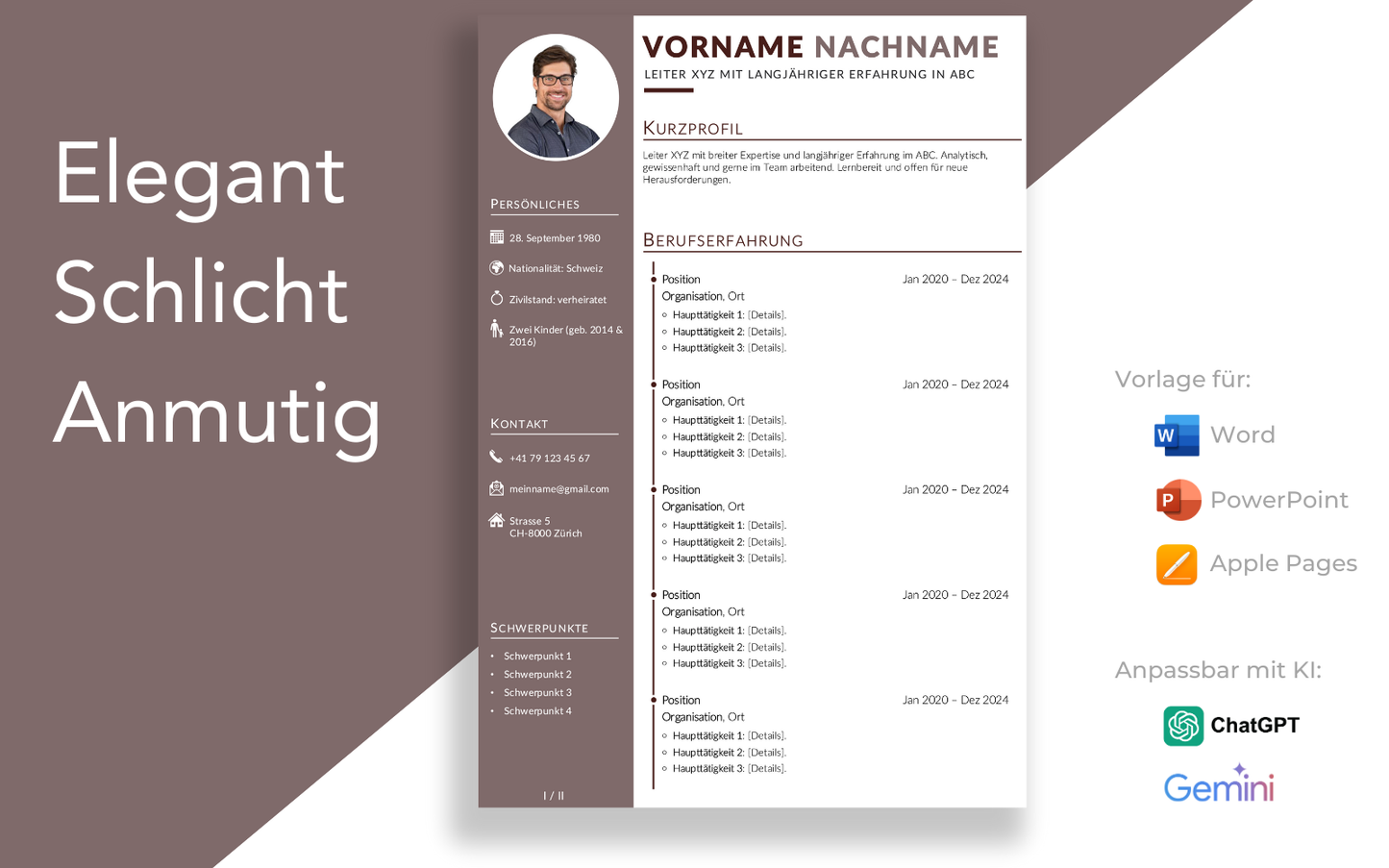 Bewerbungsvorlage “FEIN Plus” Taupe Braun mit elegentem Lebenslauf Vorlage für Führungskraft und Fachkraft