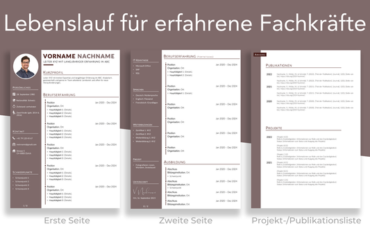 Bewerbungsvorlage “FEIN Plus” Taupe Braun elegante Lebenslauf Vorlage auf 2 Seiten und Projektliste für Führungskraft und Fachkraft