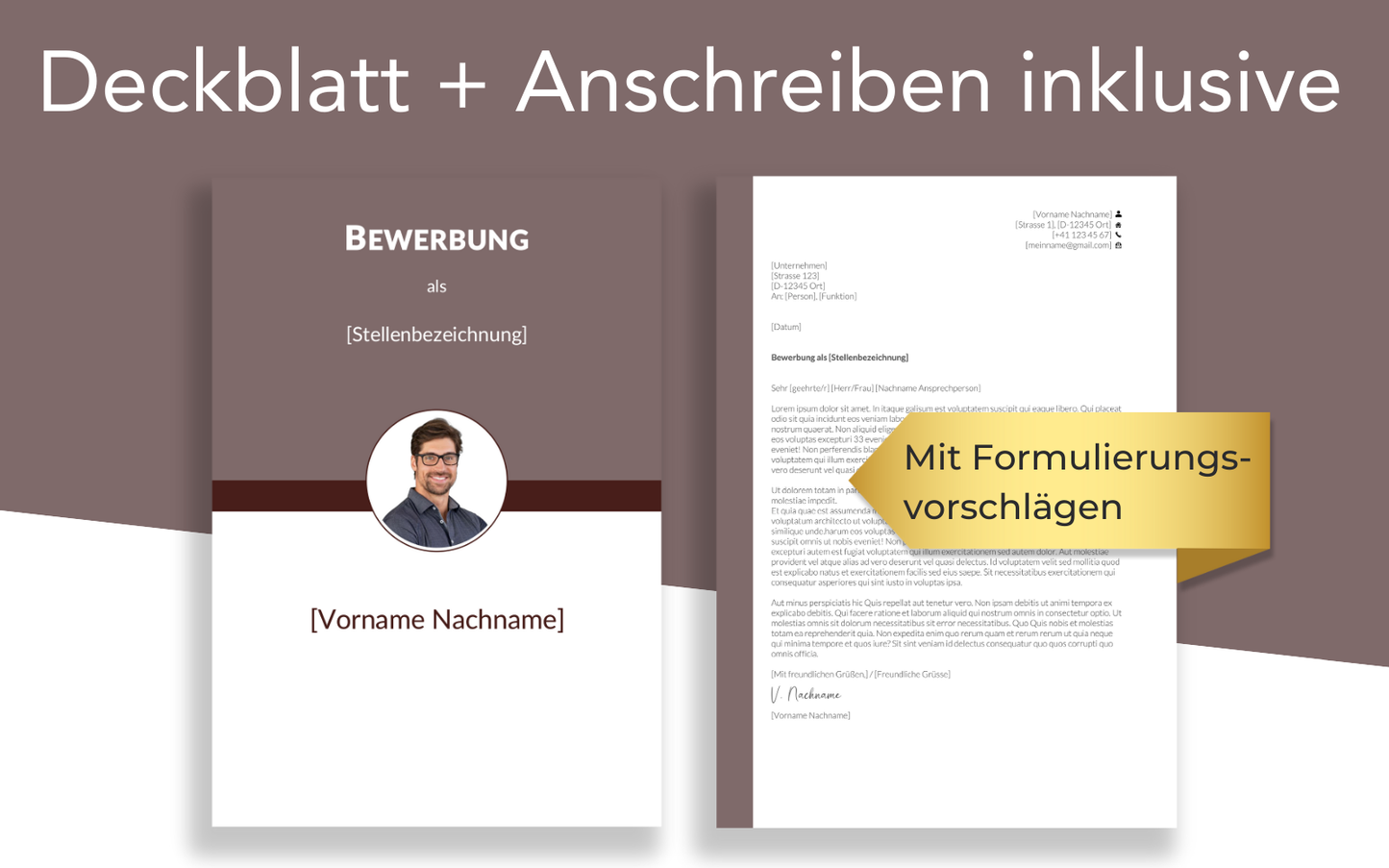 Bewerbungsvorlage “FEIN Plus” in Taupe Braun mit Deckblatt und Bewerbungsschreiben Vorlage