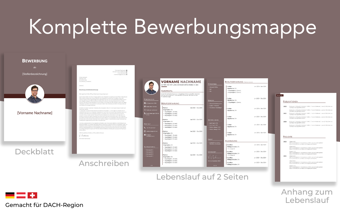 Bewerbungsvorlage “FEIN Plus” in Taupe Braun komplettes Dossier Lebenslauf Vorlage Anschreiben Deckblatt Projektliste