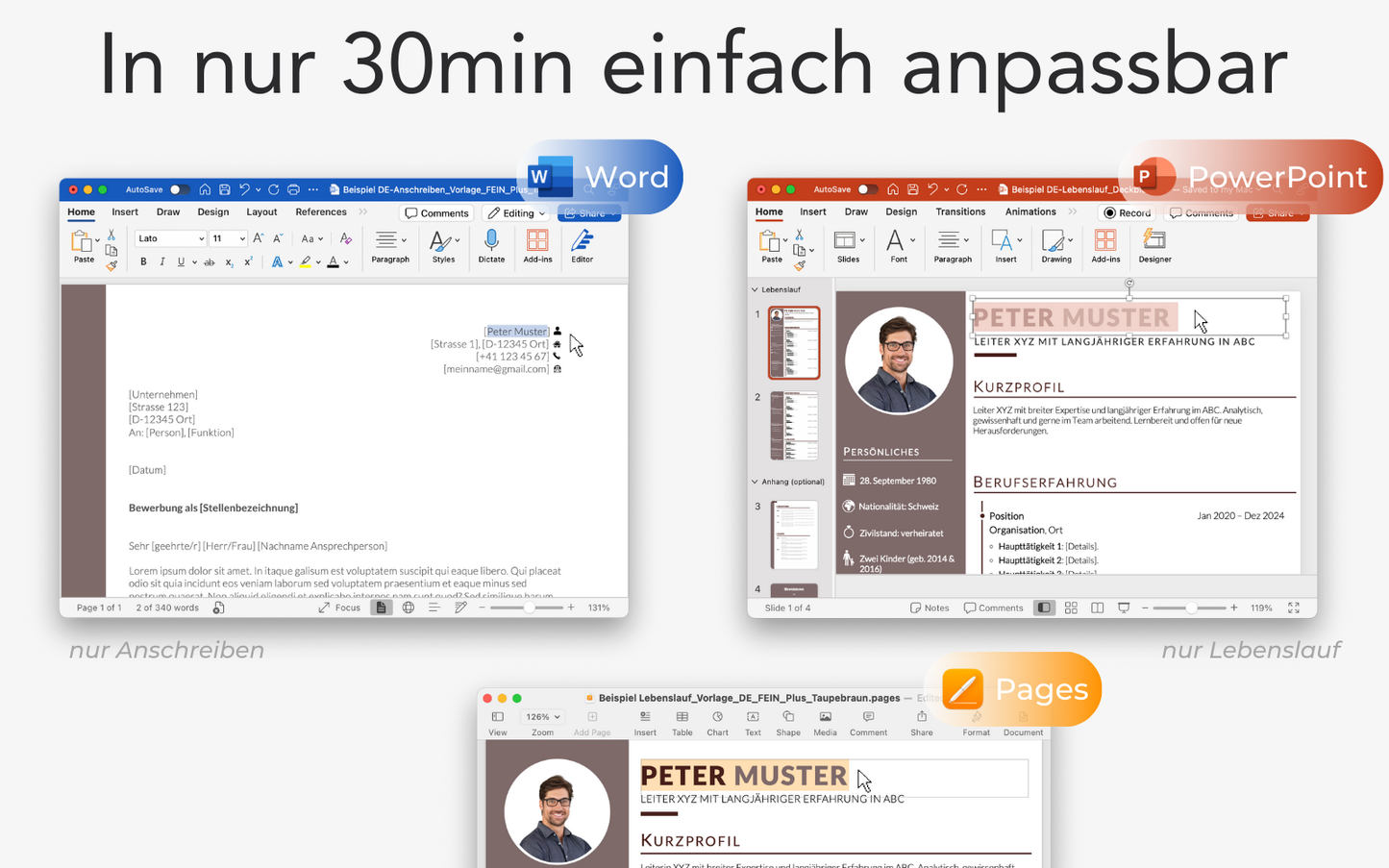 Bewerbungsvorlage “FEIN Plus” Taupe Braun Lebenslauf CV für Word, PowerPoint und Pages für Führungskraft und Fachkraft