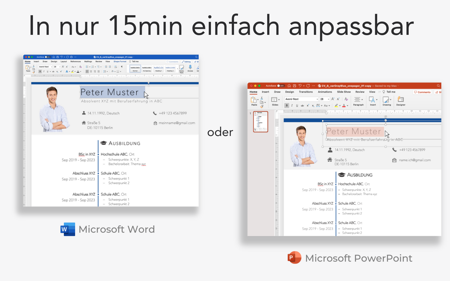 Bewerbungsvorlage KLASSISCH Blau Lebenslauf CV für Word und PowerPoint für Einsteiger