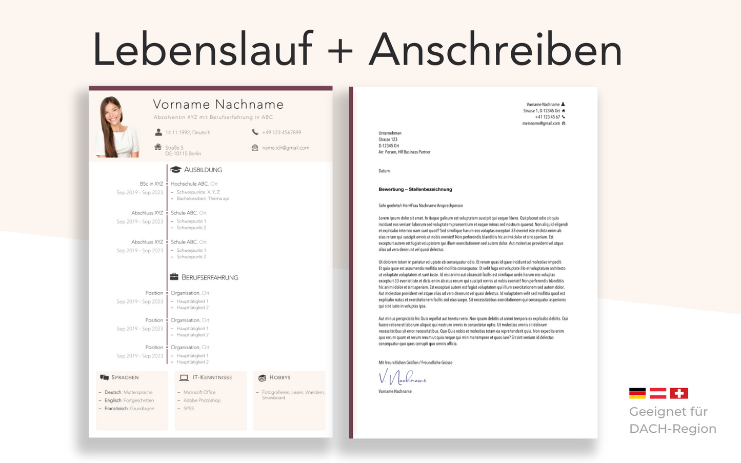 Bewerbungsvorlage KLASSISCH Rosa Lebenslauf und Bewerbungsschreiben Vorlage für Berufseinsteiger