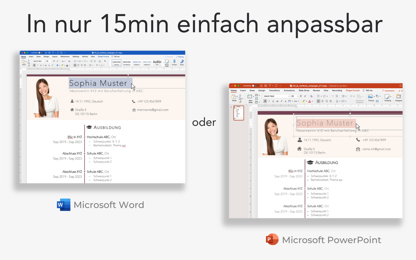 Bewerbungsvorlage KLASSISCH Rosa Lebenslauf CV für Word und PowerPoint für Einsteiger