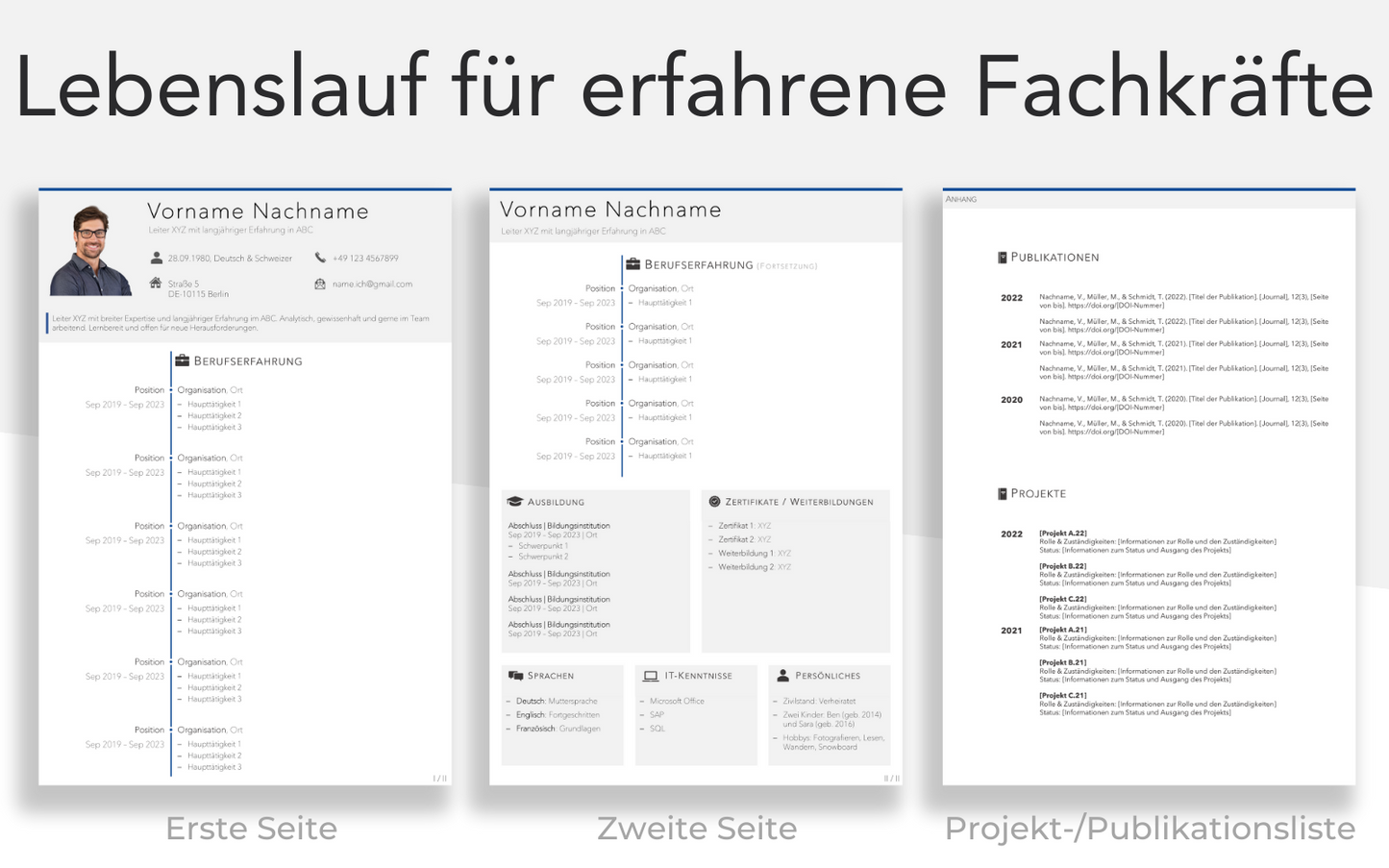 Bewerbungsvorlage “KLASSISCH Plus” Blau elegante Lebenslauf Vorlage auf 2 Seiten und Projektliste für Führungskraft und Fachkraft