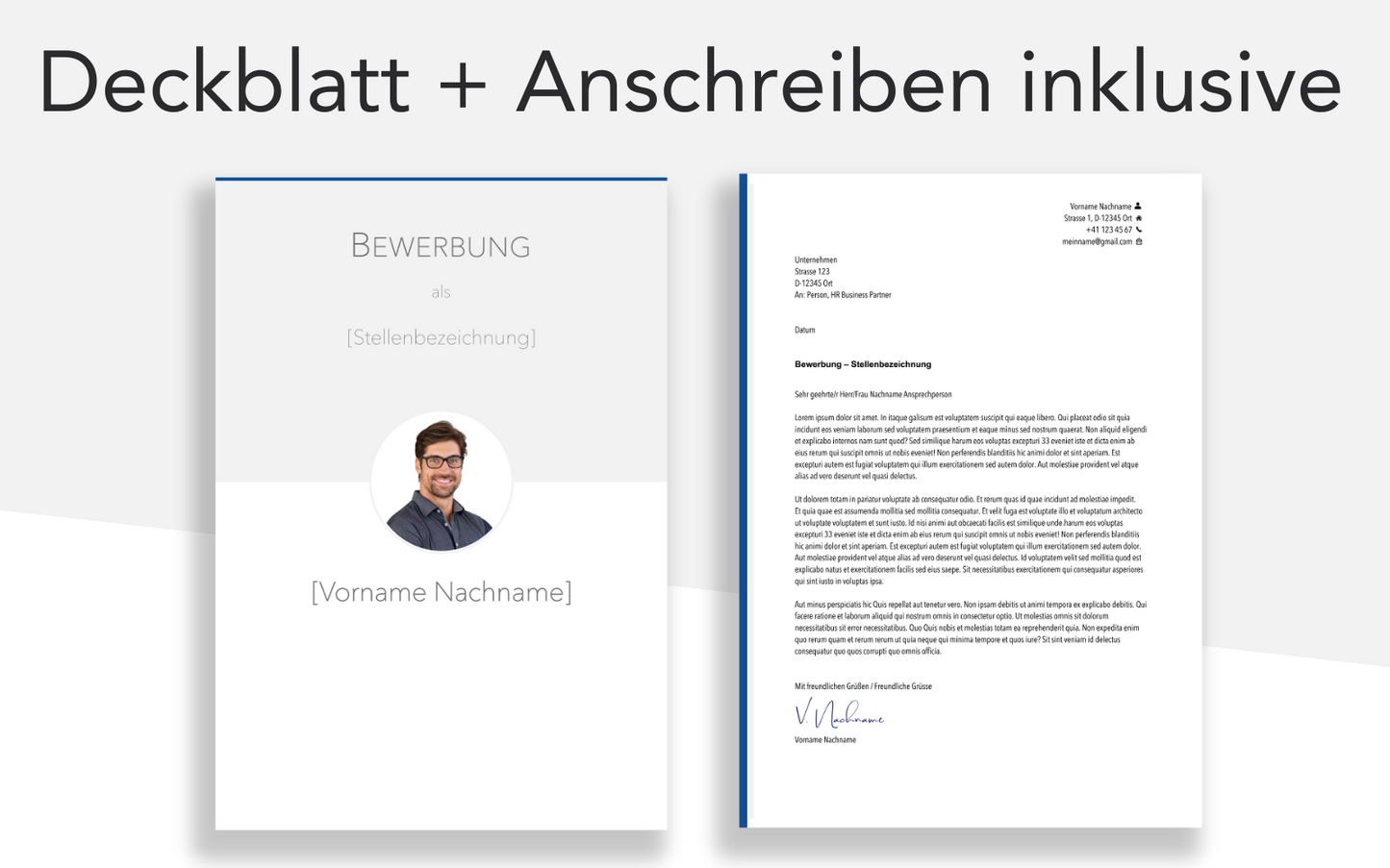 Bewerbungsvorlage “KLASSISCH Plus” Blau mit Deckblatt und Bewerbungsschreiben Vorlage