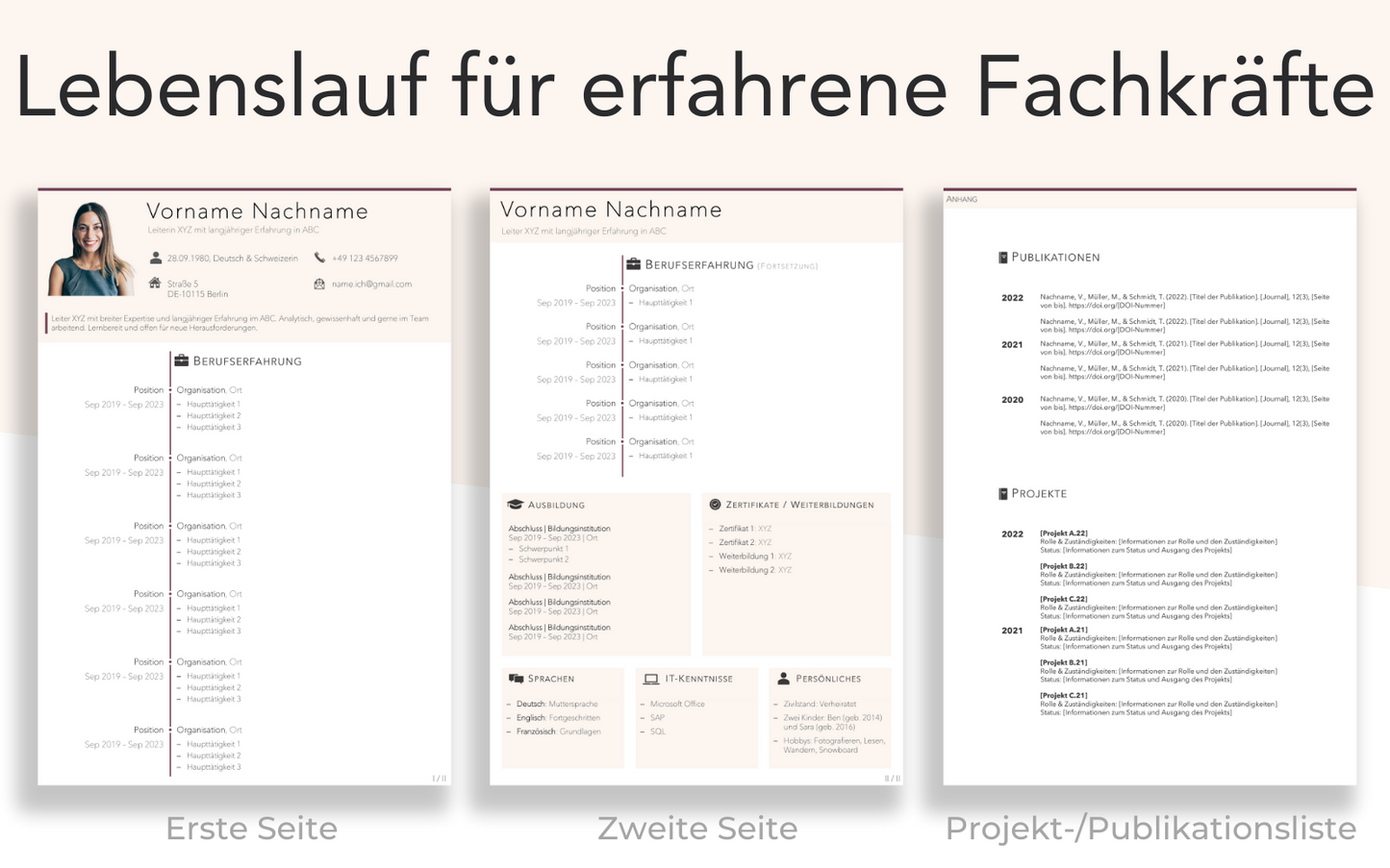 Bewerbungsvorlage “KLASSISCH Plus” Rosa elegante Lebenslauf Vorlage auf 2 Seiten und Projektliste für Führungskraft und Fachkraft