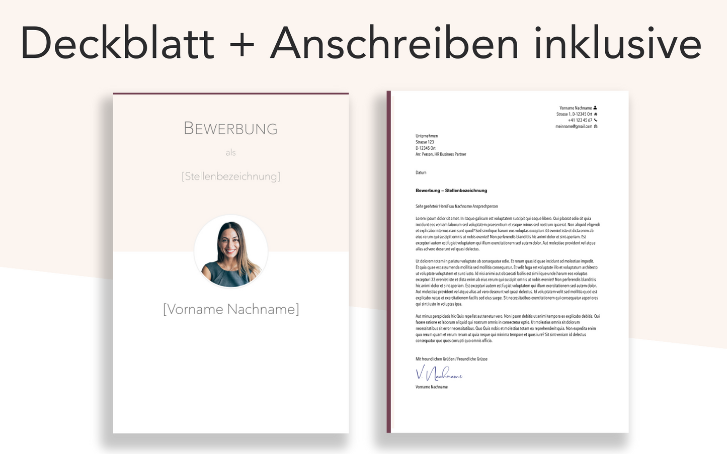 Bewerbungsvorlage “KLASSISCH Plus” Rosa mit Deckblatt und Bewerbungsschreiben Vorlage