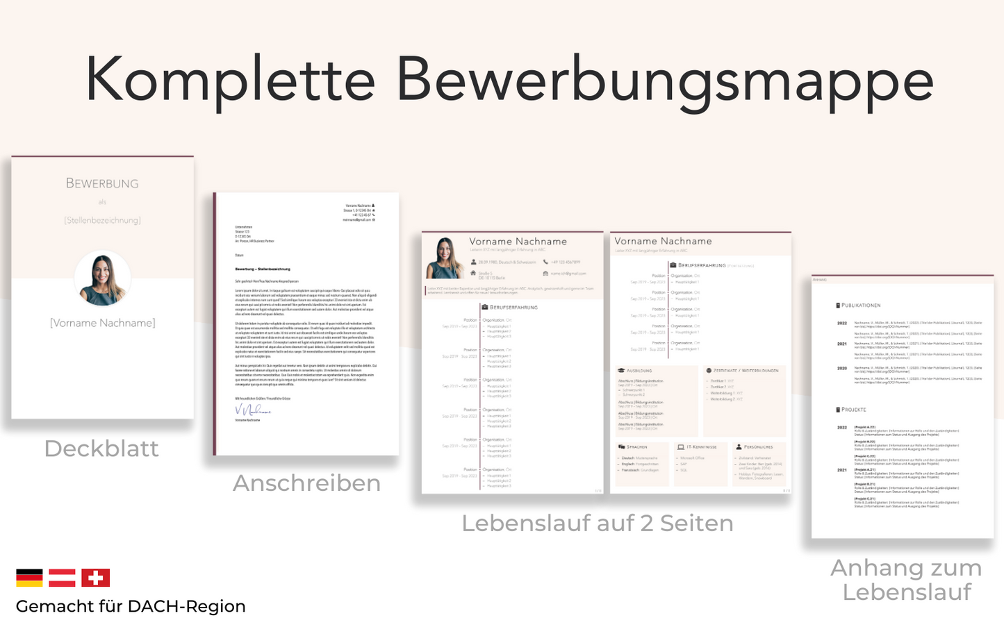 Bewerbungsvorlage “KLASSISCH Plus” Rosa komplettes Dossier Lebenslauf Vorlage Anschreiben Deckblatt Projektliste