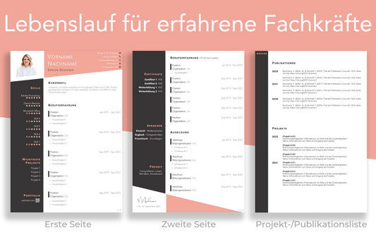 Bewerbungsvorlage “KREATIV Plus” elegante Lebenslauf Vorlage auf 2 Seiten und Projektliste für Führungskraft und Fachkraft
