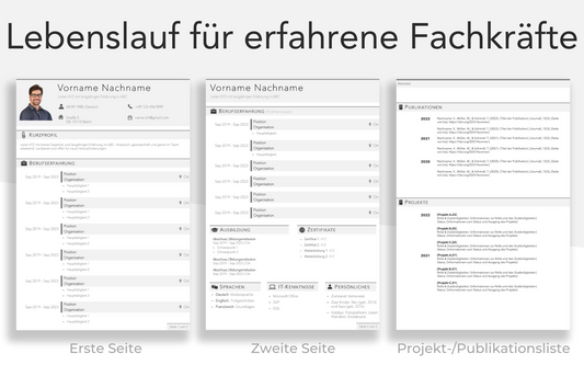 Bewerbungsvorlage “SCHLICHT Plus” elegante Lebenslauf Vorlage auf 2 Seiten und Projektliste für Führungskraft und Fachkraft