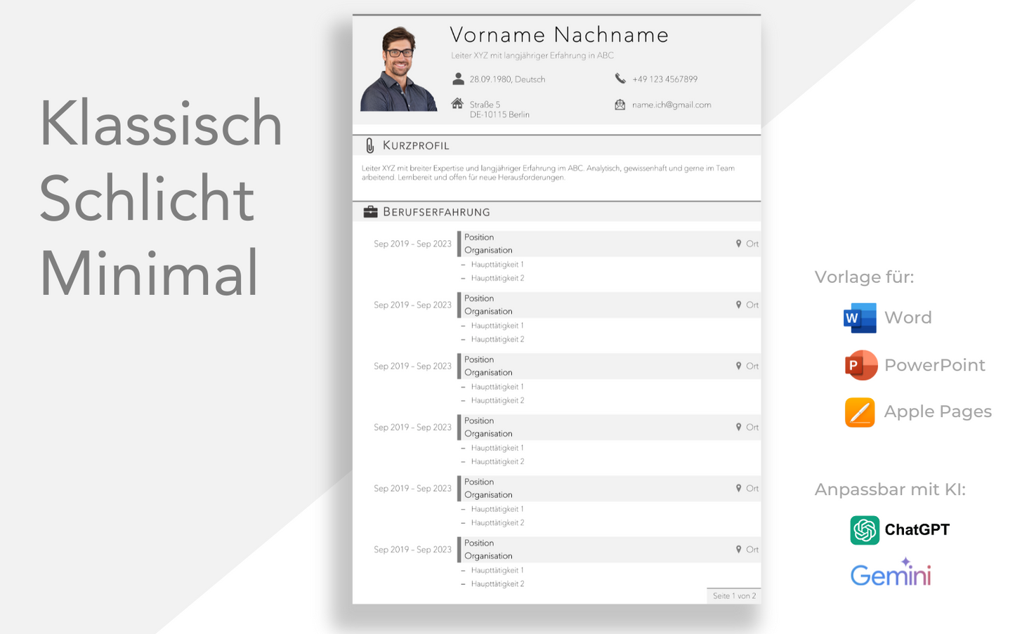Bewerbungsvorlage “SCHLICHT Plus” mit schlichter Lebenslauf Vorlage für Führungskraft und Fachkraft