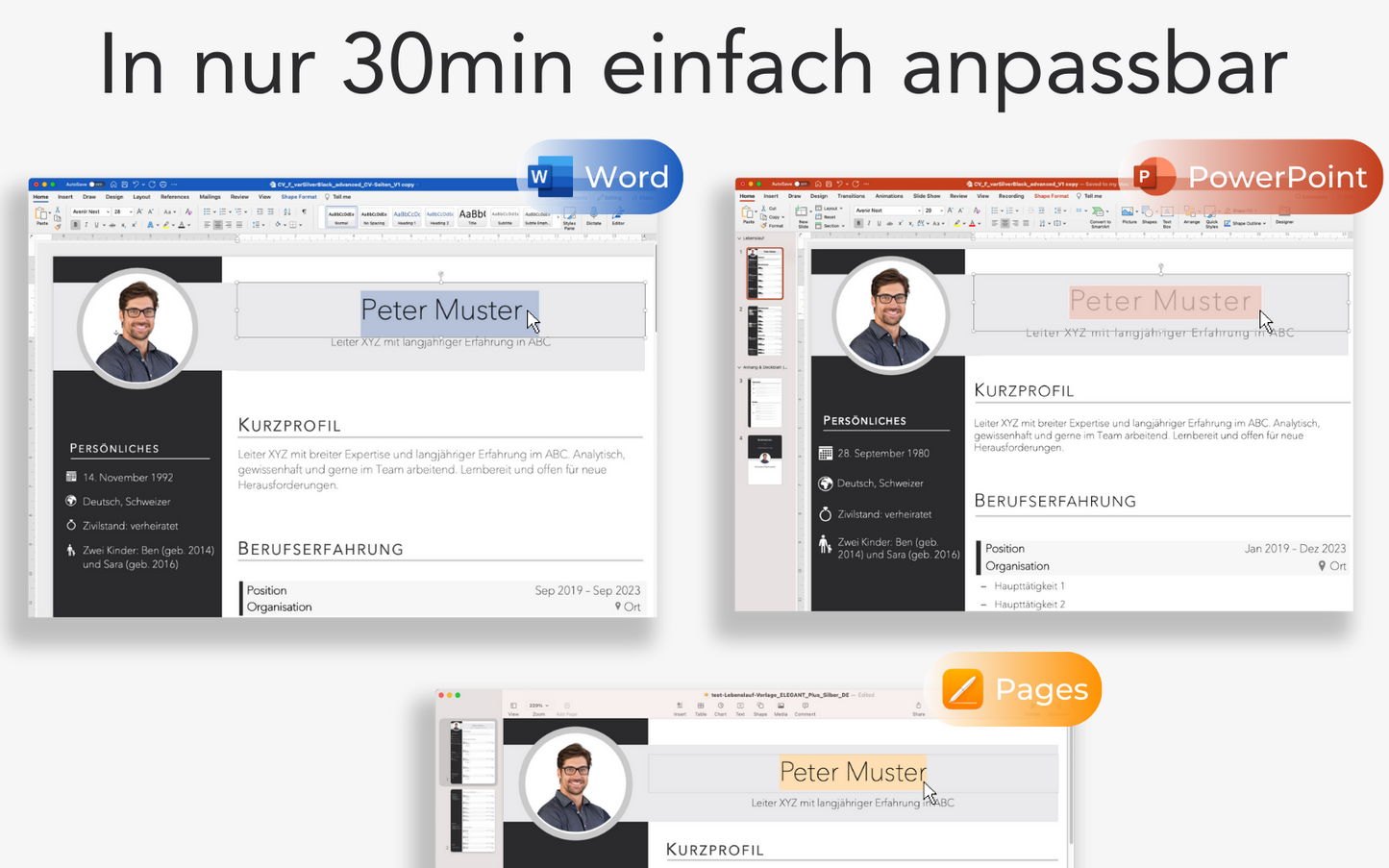 Bewerbungsvorlage “ELEGANT Plus” eleganter Lebenslauf CV für Word, PowerPoint und Pages für Führungskraft und Fachkraft