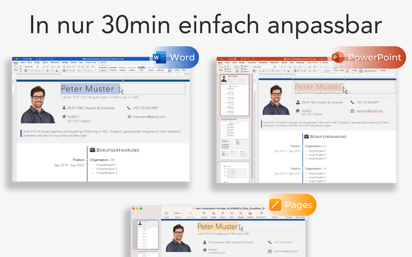 Bewerbungsvorlage “KLASSISCH Plus” Blau eleganter Lebenslauf CV für Word, PowerPoint und Pages für Führungskraft und Fachkraft
