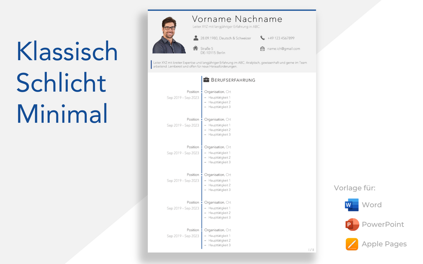 Bewerbungsvorlage “KLASSISCH Plus” Blau mit eleganter Lebenslauf Vorlage für Führungskraft und Fachkraft