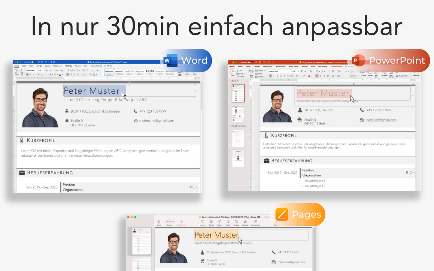 Bewerbungsvorlage “SCHLICHT Plus” eleganter Lebenslauf CV für Word, PowerPoint und Pages für Führungskraft und Fachkraft