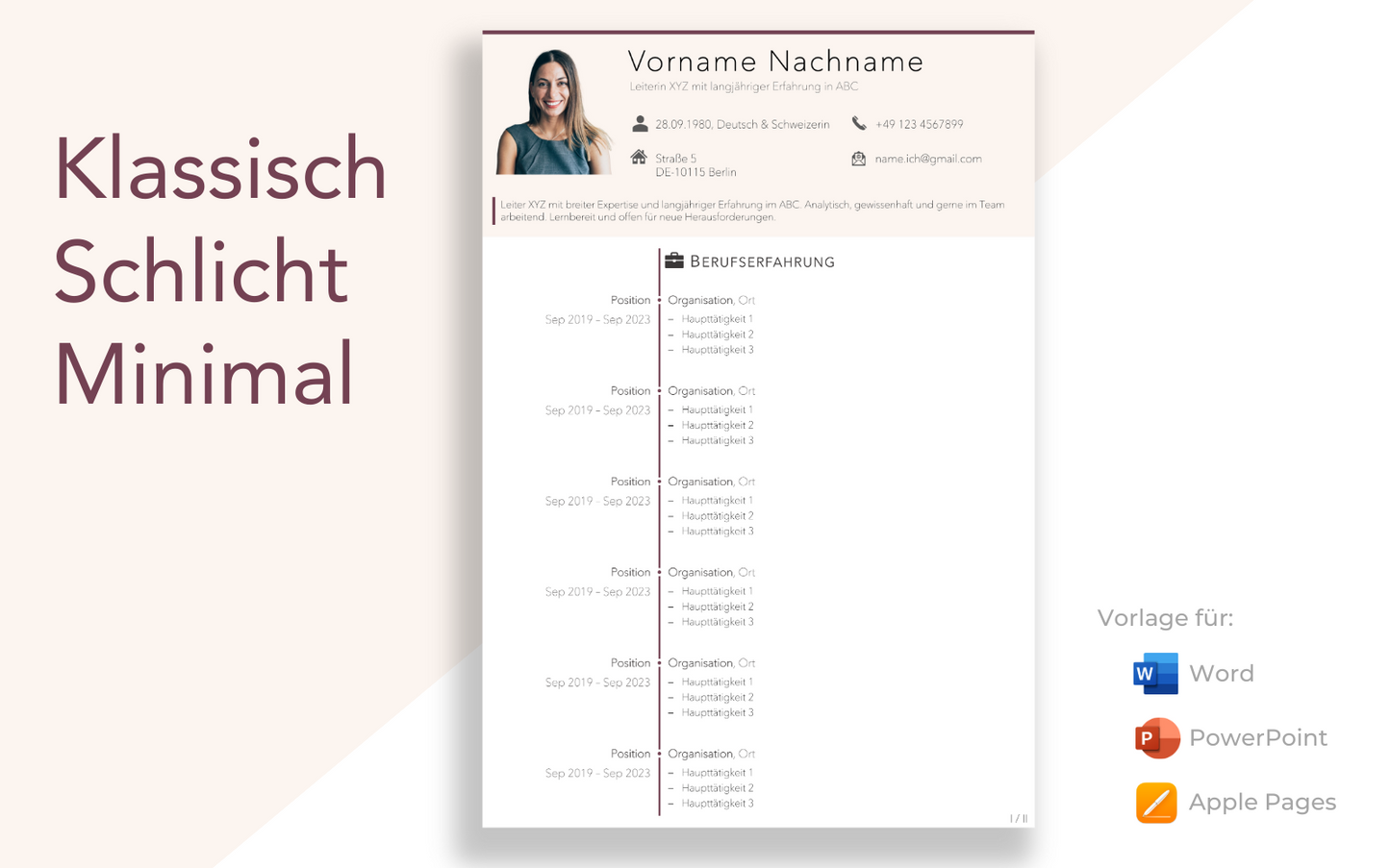 Bewerbungsvorlage “KLASSISCH Plus” Rosa mit eleganter Lebenslauf Vorlage für Führungskraft und Fachkraft