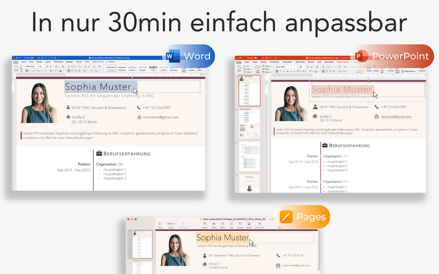Bewerbungsvorlage “KLASSISCH Plus” Rosa eleganter Lebenslauf CV für Word, PowerPoint und Pages für Führungskraft und Fachkraft