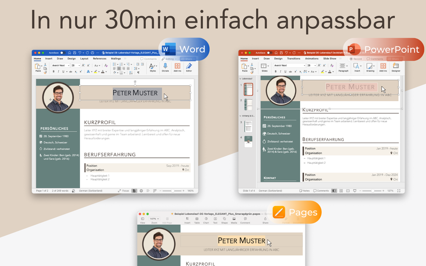 Bewerbungsvorlage “ELEGANT Plus” smaragdgrün minimalistischer Lebenslauf CV für Word, PowerPoint und Pages für Führungskraft und Fachkraft